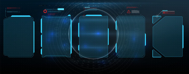 Poster - HUD, UI, GUI futuristic user interface screen elements set. High tech screen for video game. Sci-fi concept design.  Virtual hi Scifi HUD, UI, GUI futuristic user frame interface screen elements set.