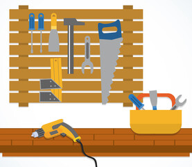 Wall Mural - wooden stand with tools and drill around, flat style