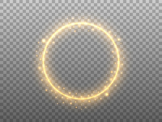 Poster - Golden circle on transparent backdrop. Glowing ring effect with glitter. Round gold frame and magic stardust. Festive element with glittering elements. Vector illustration