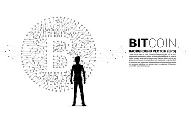 Poster - Vector businessman and bitcoin icon from circuit board style dot connect line. Concept for cryptocurrency technology and financial network connection.