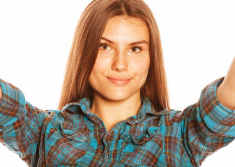 Wall Mural - cute teenage girls making selfie isolated