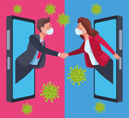 Wall Mural - business couple wearing medical masks in smartphone with covid19 particles