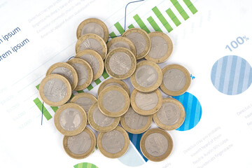 A pile of euro coins on the financial chart