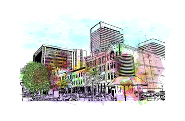 Building view with landmark of Denver is the capital of Colorado. Watercolour splash with hand drawn sketch illustration in vector.