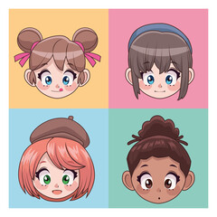 Wall Mural - group of four beautiful interracial teenagers girls anime head characters