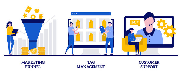 Poster - Marketing funnel, tag management, customer support concept with tiny people. E-marketing abstract vector illustration set. Product cycle, data collection, analytic software, online chat metaphor