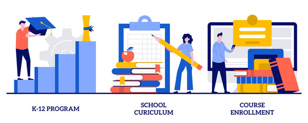 Poster - K-12 program, school curriculum, course enrollment concept with tiny people. Public school abstract vector illustration set. Learning calendar, education plan, degree program, new student metaphor