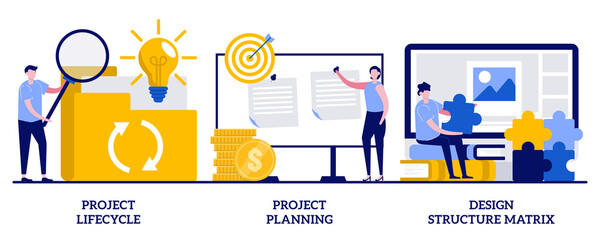 Poster - Project life cycle and planning, design structure matrix concept with tiny people. Business case abstract vector illustration set. Business analysis, visual representation metaphor
