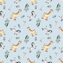 Watercolor Handpainted Seamless Pattern With Cute Baby Toys For Kids (Airplane, Ball, Car, Doll, Giraffe, Hare, Pyramid, Rocking Horse, Robot, Teddy Bear, Train, Zebra)