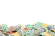 Group of colorful australian money banknote dollar (AUD) pile on white background have copyspace on top for put text