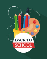 Sticker - back to school poster with paint palette, pencils and paintbrush