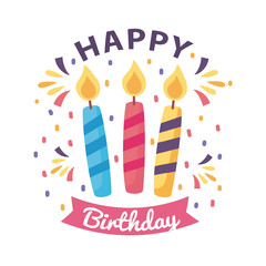 happy birthday badge with candles on white background