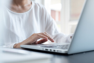 Wall Mural - Business woman working on laptop from home office