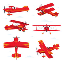 Aerobatic Biplane Aircraft In Different Views. Light Aircraft Illustration