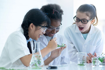 three friends of different religions in plant biology lab, diversity and international friendship