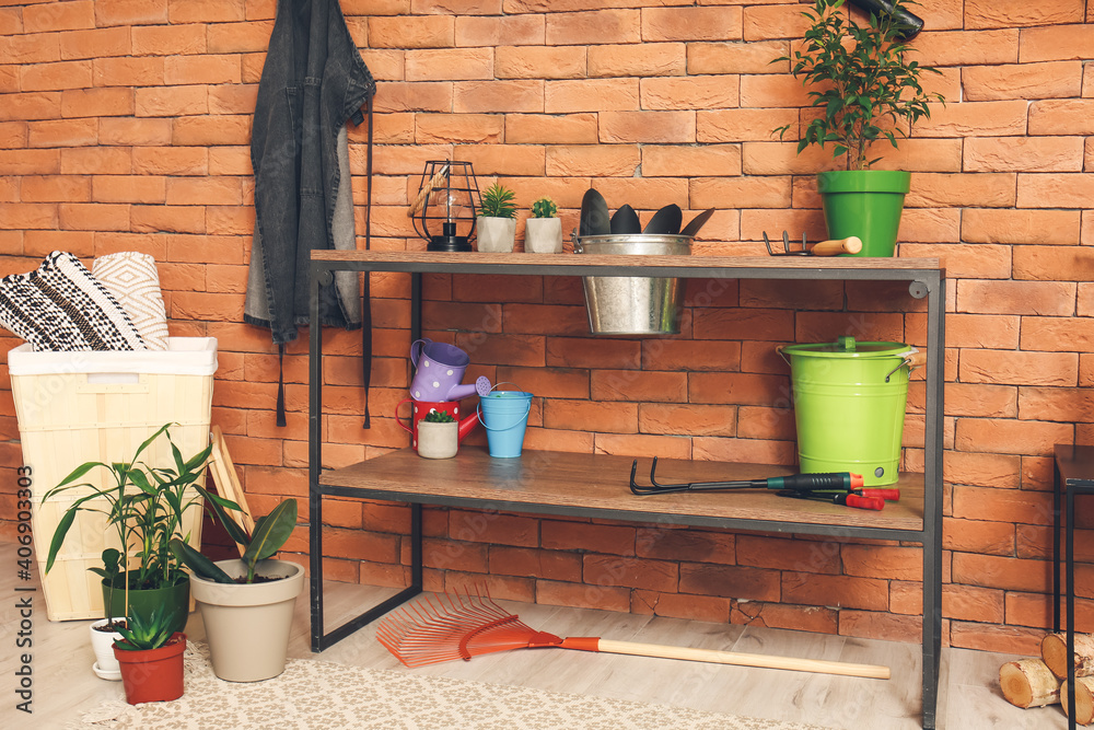 Different gardening supplies in barn