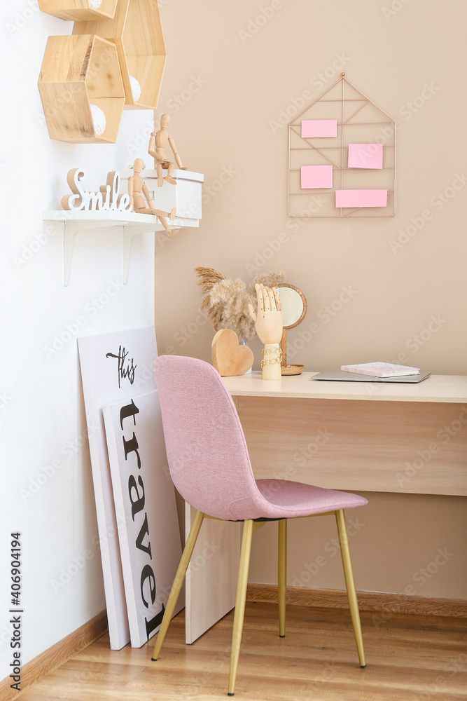 Wooden hand on table in interior of room