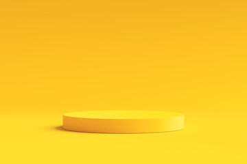 Poster - Yellow product background stand or podium pedestal on advertising display with blank backdrops. 3D rendering.