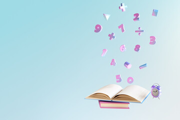 Gradient color number and basic math operation symbols  floating out from open books on blue background. 3d render illustration. Back to school and Mathematic education concept.