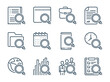 Search and research related vector line icons. Review and magnifying glass outline icon set.