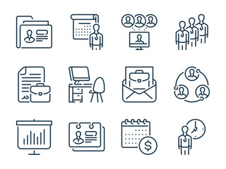 Poster - Job offer and Human resources related vector line icons. Job interview and Head hunting outline icon set.