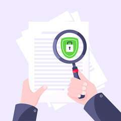 Wall Mural - Privacy policy, safety lock and data protection metaphor. Hand hold magnifier shield with padlock on the paper with personal data security protection symbol flat style design vector illustration.