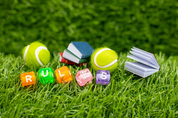 Tennis ball for Tennis rules  training concept on green grass background