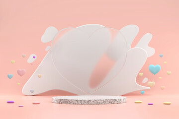 Poster - Pastel Marble Stage Podium Platform with Hearts Decoration Backdrop 3D Rendering