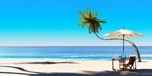 青い海に囲まれた南国のリゾート / 砂浜に置かれたウッドテーブルとノートPCの3Dグラフィックス / リゾートワーク・ワーケーションのコンセプトイメージ