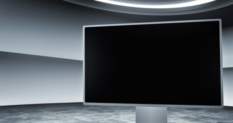 Wall Mural - tv show virtual backdrop set with an empty screen monitor. a photo realistic 3d rendering, ideal for