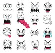 © Vector Tradition - Cartoon face expression isolated vector icons, negative emoji vampire with sharp fangs, evil, scared and shocked, gloat, grin, smirk. Facial feelings yelling, show tongue, crying, upset emoticons set