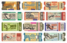 Speedway Motorsport Racing Vintage Tickets Isolated Vector Templates. Retro Cars And Bike Race Event Pass Cards, Paper Coupons With Perforated Cut Line. Speedway Championship Ticket Control With Dates