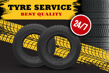 Car tire repair and replacement service banner. Automobile new road tires, truck rubber tyres and wheel protector trails 3d realistic vector. Vehicles tyres shop or store, repair garage station poster