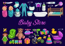 Baby Store Or Toys Shop, Newborn Kids Gifts And Care, Vector Poster. Boys And Girls Kids Toys Store And Healthcare Items, Newborn Pacifier And Child Bath Duck, Pram Stroller, Thermometer And Diapers