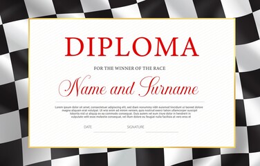 Race winner diploma, vector certificate template. Racing award border design with black and white chequered flag. Rally victory success celebration diploma for participation or best result achievement