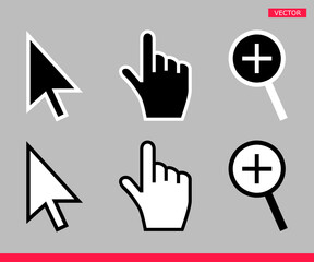Leinwandbilder - Black and white arrow, hand and magnifier mouse cursor icons vector illustration set flat style design isolated on white background.