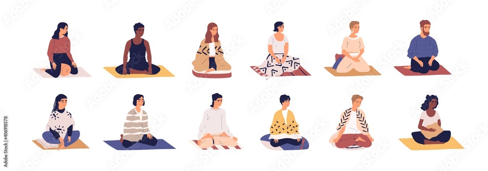 Set of people sitting cross legged in lotus pose and practicing yoga, meditation and breathing exercises. Calm and relaxed men and women meditating on mats. Color flat vector isolated illustrations - obrazy, fototapety, plakaty 