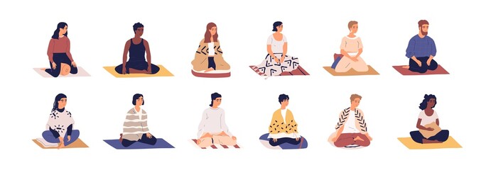 Poster - Set of people sitting cross legged in lotus pose and practicing yoga, meditation and breathing exercises. Calm and relaxed men and women meditating on mats. Color flat vector isolated illustrations