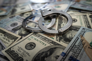 Sticker - close up of metal handcuffs on hundred dollar banknotes