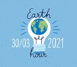 Banner with lightbulb and Earth Hour inscription for 2021 Planet Day. Light bulb with globe for concept of saving electric energy. World eco day. Colored flat textured vector illustration