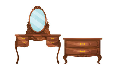 Canvas Print - Antique Vintage Furniture Items with Drawer Chest and Dressing-table with Mirror Vector Set