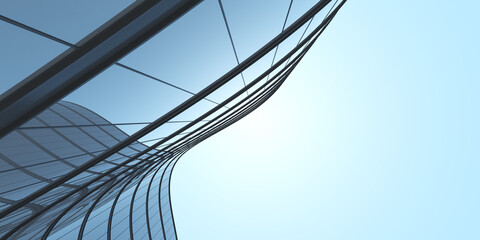 Poster - Low angle view of futuristic architecture, Skyscraper of office building with curve glass window, 3D rendering.