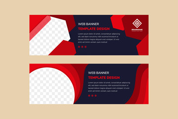 Poster - Set of red element of abstract corporate business banner template, horizontal layout design with dark blue background. Half circle and hexagon is space for photo. Designs can used header of website.