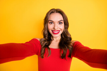 Sticker - Photo portrait of girl wearing off-shoulders top smiling taking selfie isolated on bright yellow color background