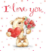 Cute Smiling  Teddy Bear In Love On The Hearts Background  With Bouquet. Valentines Day Postcard. 