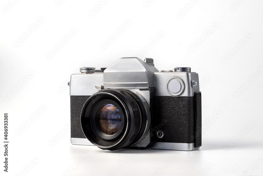 Antique old fashion film camera front view isolated on white background including clipping path