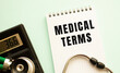 © Ihar - Notepad with text MEDICAL TERMS, calculator and stethoscope on white background.