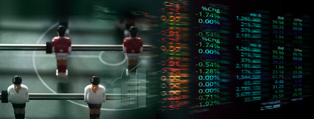 index stock market information number and soccer game board in business competition concept dark green banner background