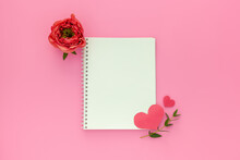 Pink Hearts, Handmade Pink Gift Boxes, Red Roses And Writing Pad.