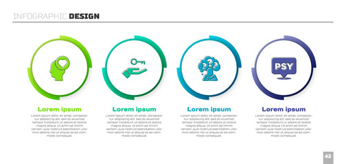 Set Broken heart or divorce, Solution to the problem, Head with question mark and Psychology, Psi. Business infographic template. Vector.